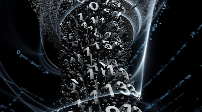 a mathematical tornado visualizing swirling equations, 3D numerical particles forming vortex, cinematic academic realism