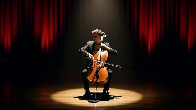 Cellist performing stage dramatic lighting cello musician music performance spotlight concert instrument classical orchestra art entertainment talent bow strings wooden