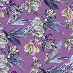 Abstract watercolor flower creative allover design seamless floral leaves pattern  design new concept textile design Digital creators art design repeat pattern fabric print light purple background 