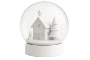 White christmas snow globe rendering, featuring cozy house, evergreen trees, delicate snowflakes...