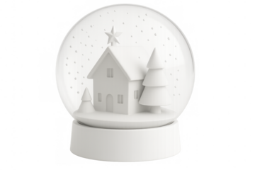 White christmas snow globe rendering, featuring cozy house, evergreen trees, delicate snowflakes drifting softly within transparent crystal sphere