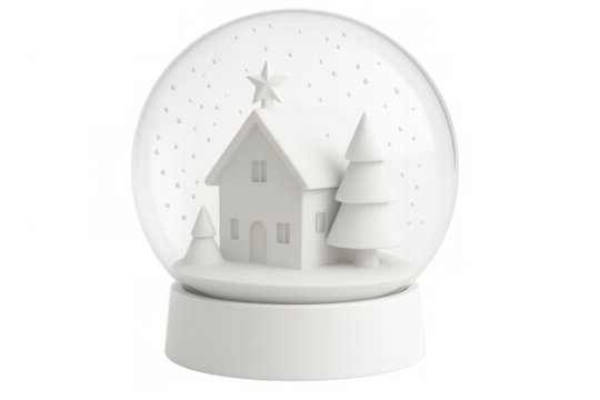 White christmas snow globe rendering, featuring cozy house, evergreen trees, delicate snowflakes drifting softly within transparent crystal sphere - Powered by Adobe