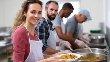 Volunteer group of mixed ethnicities cooking meals for homeless people at a shelter 