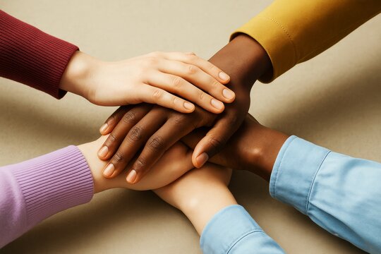 Group of diverse hands stacked together symbolizing unity and teamwork on beige background with soft light in abstract graphic composition concept.