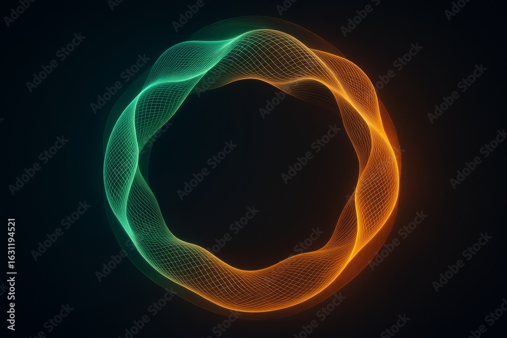 Wall mural abstract glowing circular wave pattern with green and orange mesh light effects on a dark background