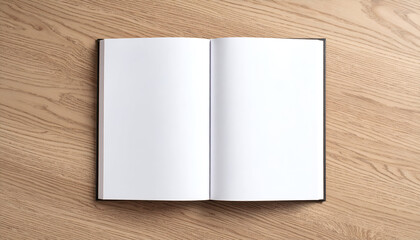 Open book with blank pages, and wood desk.