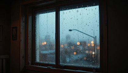 Rainy city evening viewed through a window with water droplets on the glass, capturing a quiet, introspective mood with blurred streetlights and a peaceful urban atmosphere
