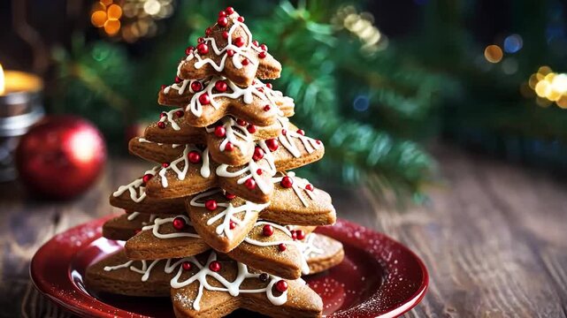 Gingerbread tree on wooden table with Christmas tree in the background. Gingerbread Christmas tree cookies with icing sugar. Tree of ginger cookies on festive table with copy space. Baking for holiday