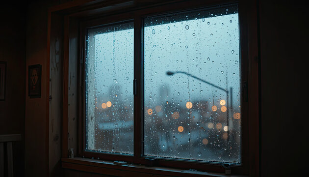 Rainy city evening viewed through a window with water droplets on the glass, capturing a quiet, introspective mood with blurred streetlights and a peaceful urban atmosphere
