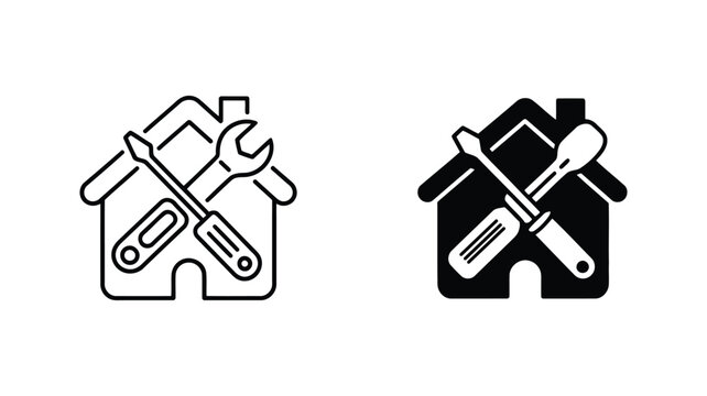Home Repair Service vector Icons:  Line Art and Solid Black Versions,  Simple Minimalist Style,  Professional and Reliable Mood.