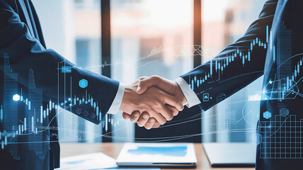 Two businessmen shaking hands to seal a successful business agreement, with a digital overlay of financial charts and graphs