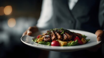 Upscale restaurant dish being served by a waiter