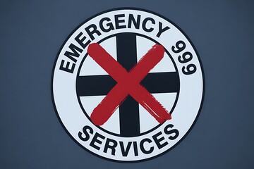 Obraz premium Bold emergency services symbol with red cross and 999 designation on dark background