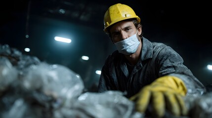 Worker sorting recyclable materials in an industrial recycling plant