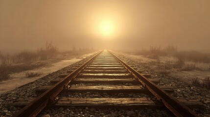 Fototapeta premium Foggy railway tracks stretching into a luminous distance.