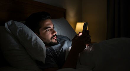 A man checks his smartphone late at night while lying in a dark, cozy bed.