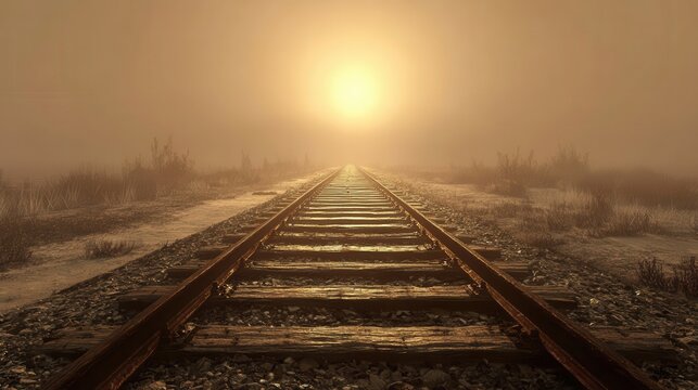 Foggy railway tracks stretching into a luminous distance.