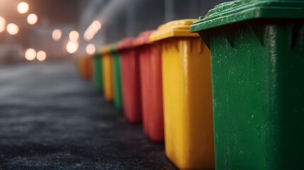 Rows of colorful recycling bins lined up in the city at night