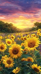 Sunflowers field at sunset
