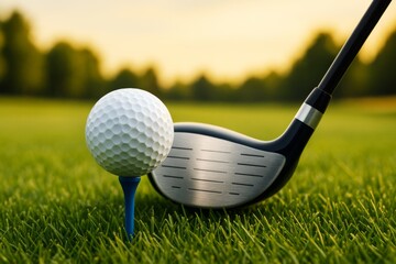 Close-up of golf ball on tee with driver club on green grass during sunset, symbolizing outdoor sports hobby and relaxing background scene.