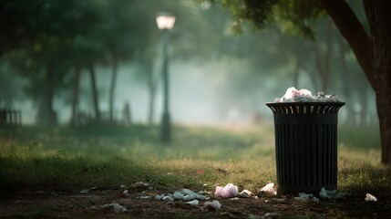 Fototapeta premium Overflowing trash bin in a dreary public park a stark reminder of environmental pollution