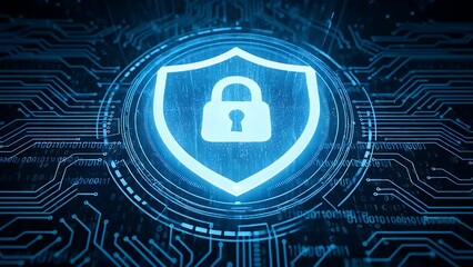 Digital security shield protecting data information 1 padlock protection cyber network internet technology abstract illustration blue circuit board lines binary - Powered by Adobe