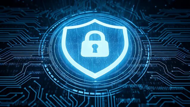 Digital security shield protecting data information 1 padlock protection cyber network internet technology abstract illustration blue circuit board lines binary - Powered by Adobe