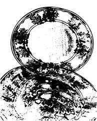 Vector Overlapping decorative plates with floral designs create an artistic composition.