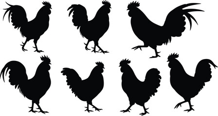 Black rooster silhouette set, farm chicken vector illustration, poultry animal clipart, vintage crowing bird icon for rural design