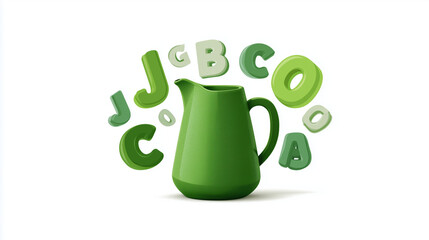A green pitcher surrounded by floating letters of the alphabet on a white background studio shot