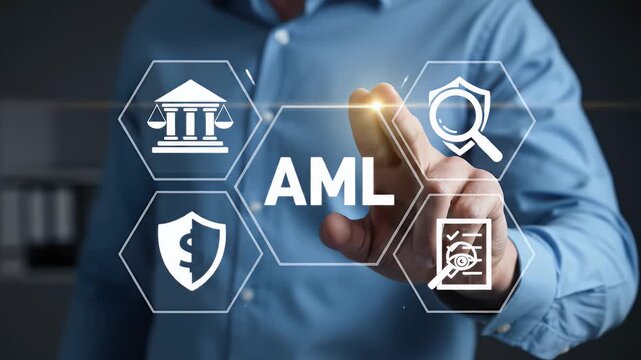 Person Touches AML Interface with Icons in Blue Shirt on Dark Background Concept