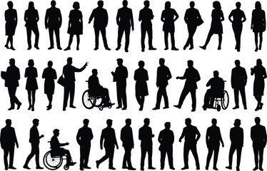 Business people silhouettes, diverse workforce vector, office team standing, wheelchair inclusion concept, professional man woman pose, black silhouette art