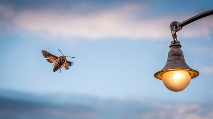 Hummingbird-moth in flight against a sky with a vintage street lamp.