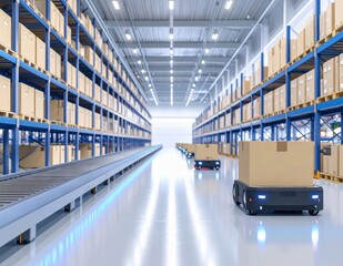 AI generated image of autonomous mobile robots (AMR) transporting boxes in a modern warehouse with tall storage racks and shelves