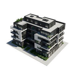 Modern Apartment Building in Urban Setting – Isolated on White or Transparent Background