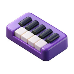 A small stylized purple piano keyboard with white and black keys presented as a 3d render isolated on transparent background