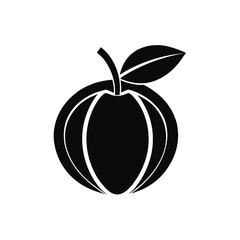 Black silhouette of a plum with a leaf and stem on a white background fruit black and white