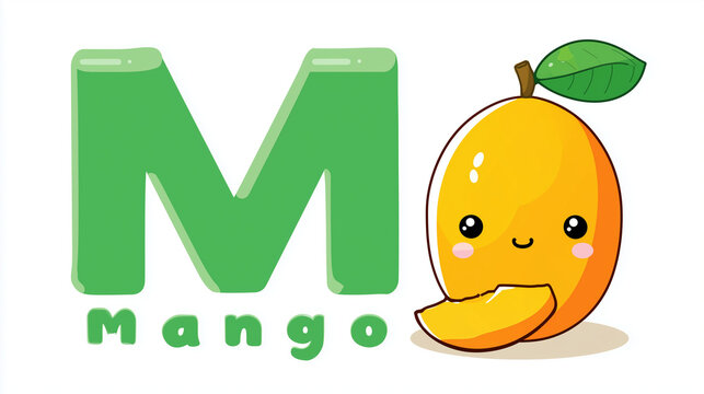 Cartoon image of a green letter m and the word mango with a cartoon mango character next to it