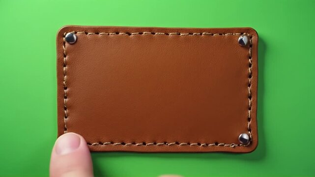 Minimalist brown leather patch with stitching and rivets against a green background