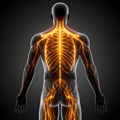 Posterior view of a human anatomy illustration highlighting the nervous system with glowing orange neural pathways