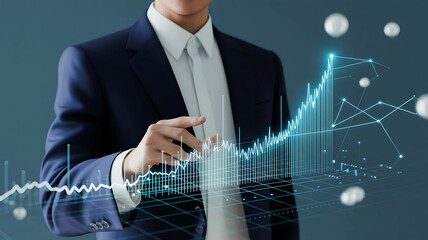 A professional businessman analyzing a futuristic digital interface with a glowing financial graph indicating business growth and investment strategy.