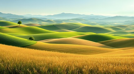 Obraz premium Golden wheat fields meet rolling green hills under a serene blue sky, a peaceful landscape.