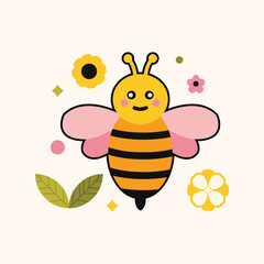 Cute Bee with Flowers Vector Illustration, Happy Bumblebee and Floral Elements Set, Bumblebee Flying Over Flowers and Leaves