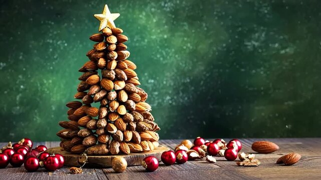 Original Christmas tree made of nuts on a dark wooden table. Christmas, New Year concept on dark background. Christmas greeting video card with various nuts in fir tree shaped with star and copy space
