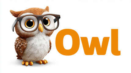Fototapeta premium Cartoon owl with glasses and orange text on a white background in a studio setting