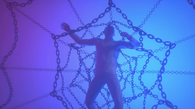 Silhouette of person breaking free from metal chains web network The concept is a symbol of obsession and addiction render 3d loop
