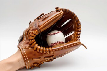 Realistic baseball glove holding baseball, isolated on clean white background, studio lighting, minimal sports equipment mockup.