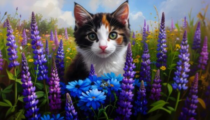 Curious Calico Kitten with Green Eyes Peeking from a Vibrant Meadow of Purple Lupines