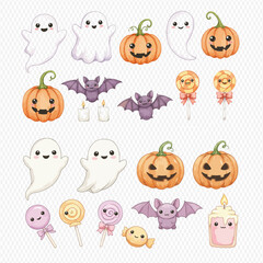 A collection of cute kawaii Halloween illustrations featuring smiling ghosts, pumpkins, bats, and candy.