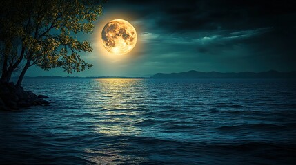 Luminous Golden Moon Illuminates a Rippling Sea and Shoreline Tree